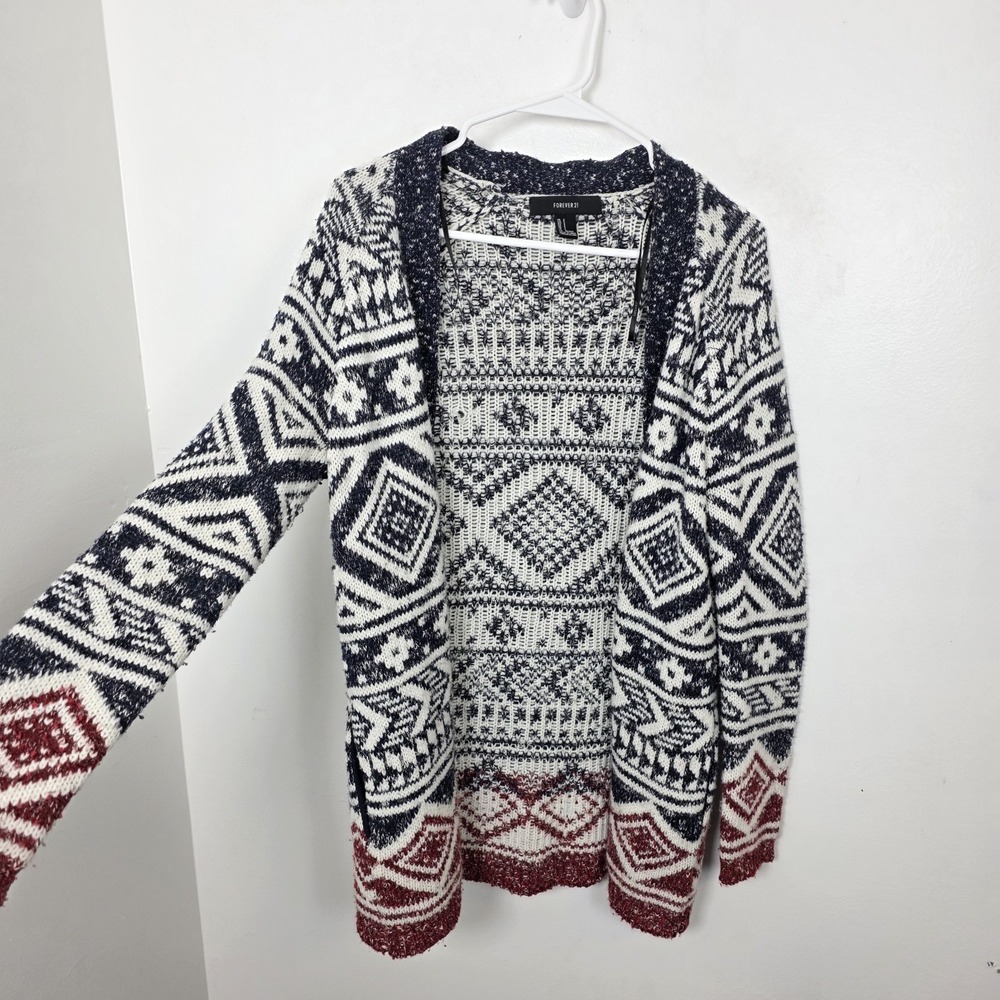 Forever 21 White Navy Southwestern Geometric Aztec Cozy Thick Cardigan Size S